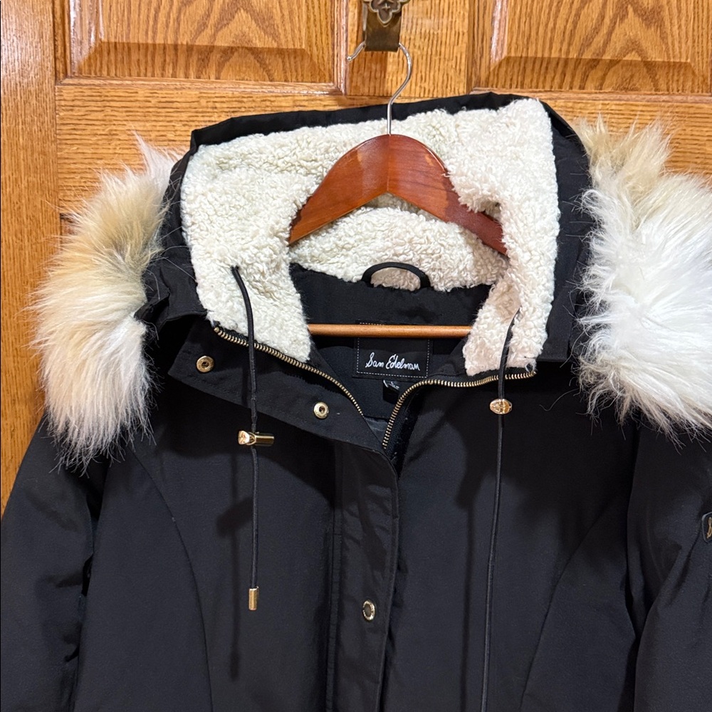 Sam Edelman Black winter Jacket with sherpa Hood. Size L. - Picture 2 of 12